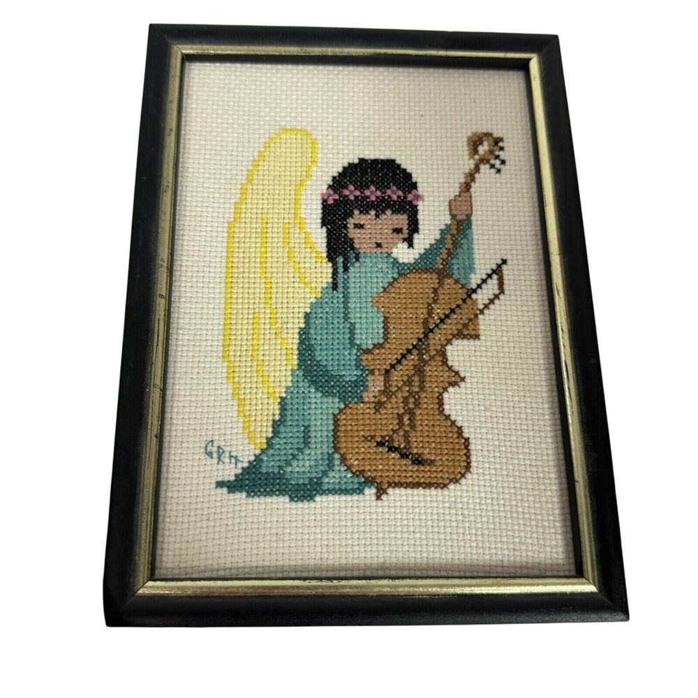 Vintage Framed Stitching Needlepoint? Cross Stitch? Angel Playing Bass Violin?